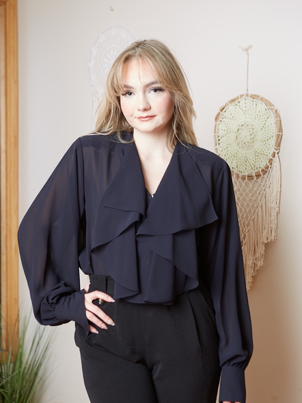 Vintage 80s Studio J Navy Ruffle Front Blouse 8